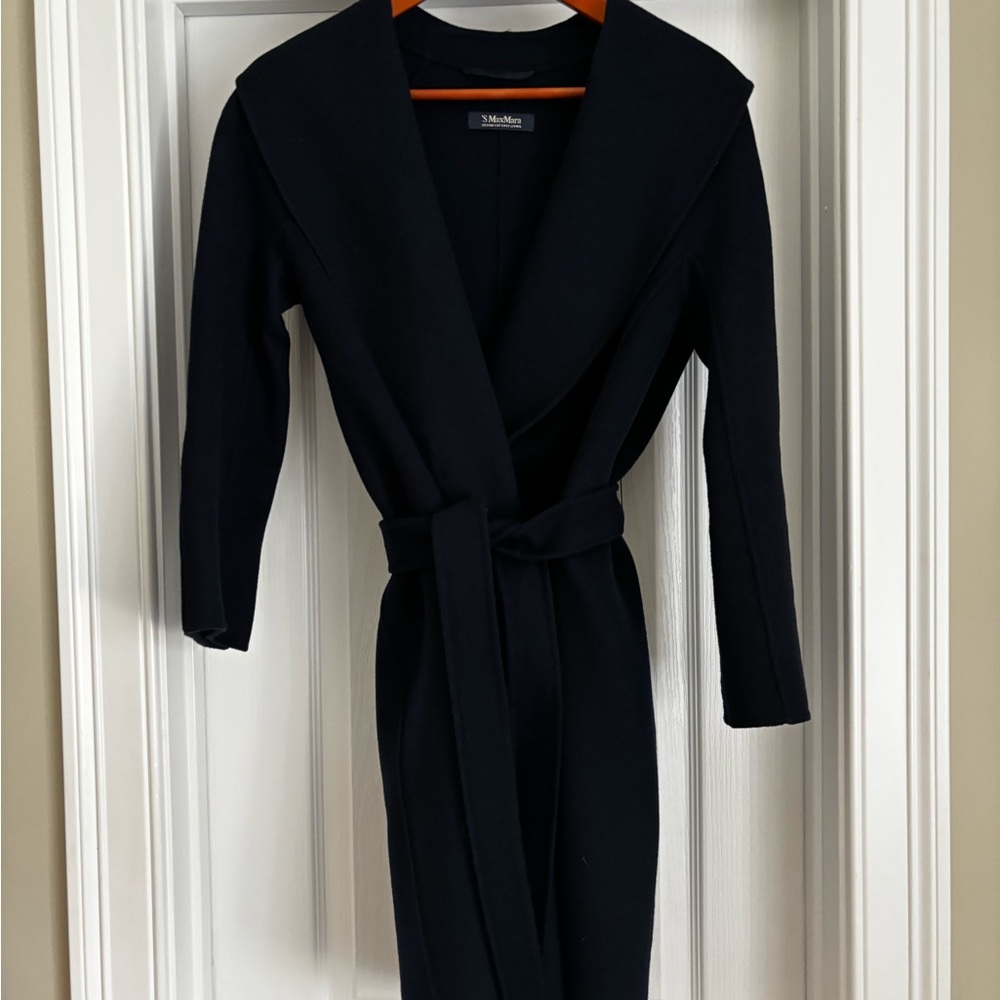 MaxMara Navy Wool Coatigan with Shawl Collar